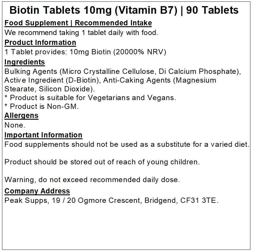 Biotin Tablets 10mg (10,000mcg)