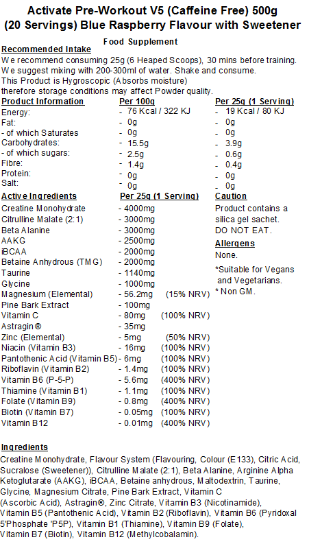 Activate Pre Workout v5 (Caffeine & Stimulant Free)