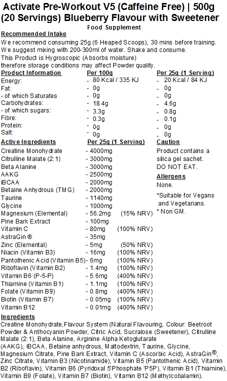 Activate Pre Workout v5 (Caffeine & Stimulant Free)