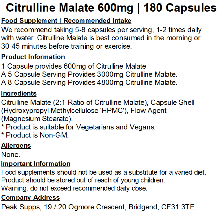 Citrulline Malate 600mg Capsules