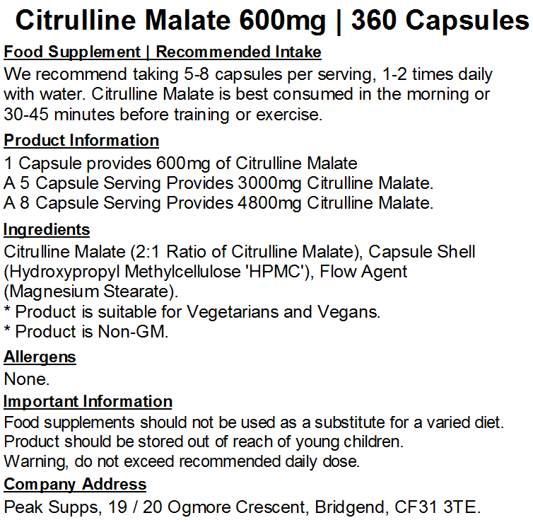 Citrulline Malate 600mg Capsules