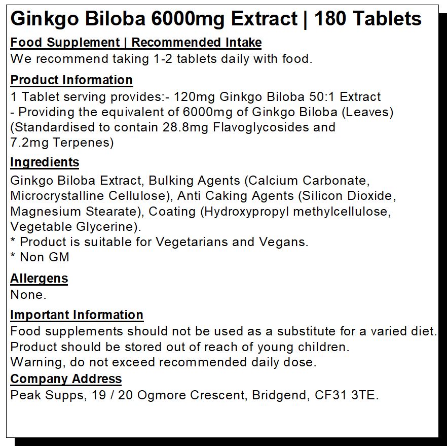 Ginkgo Biloba Tablets 6000mg