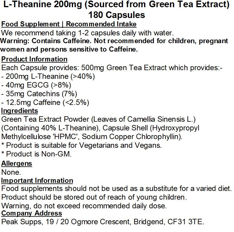 L-Theanine 200mg Capsules (Naturally Sourced from Green Tea Extract)