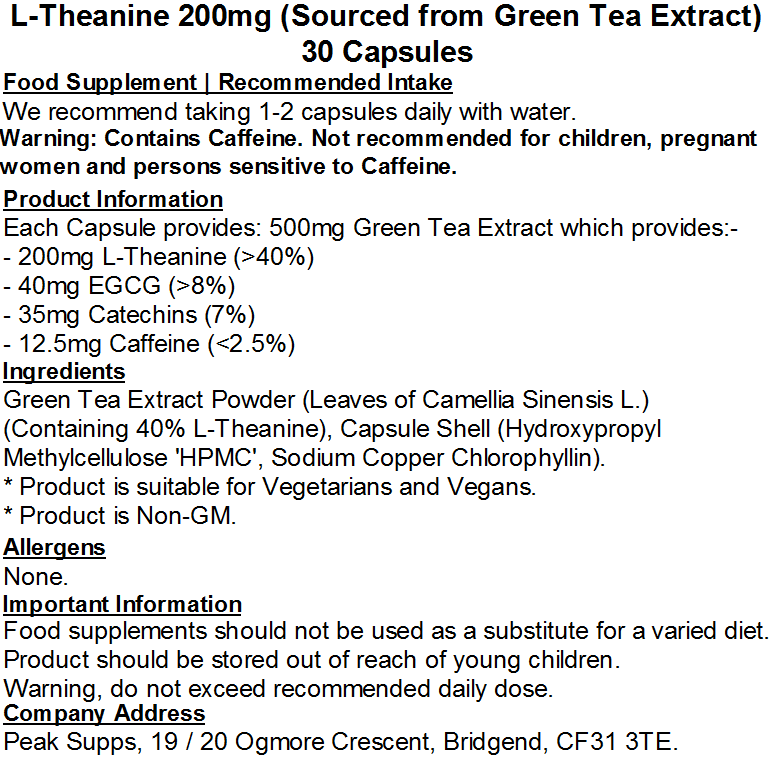 L-Theanine 200mg Capsules (Naturally Sourced from Green Tea Extract)