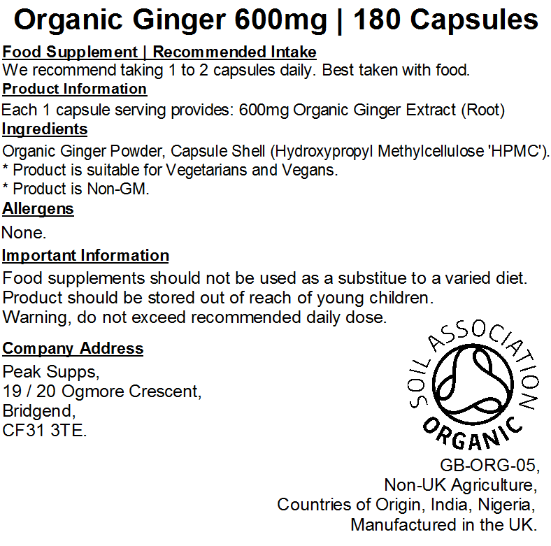 Organic Ginger 600mg Capsules (Pure)