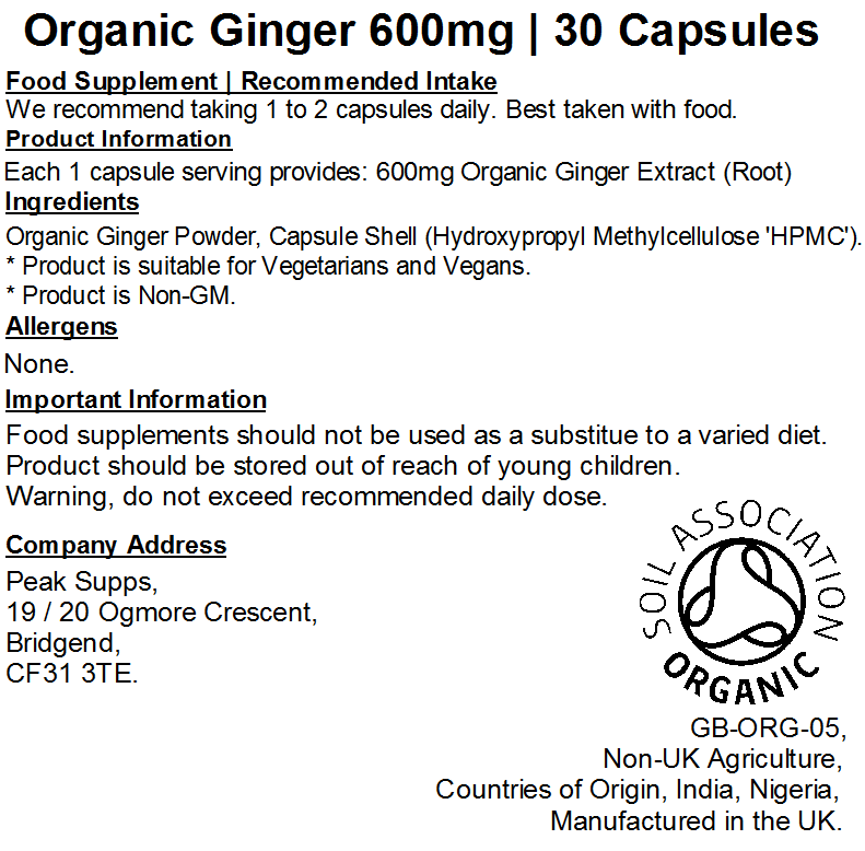 Organic Ginger 600mg Capsules (Pure)