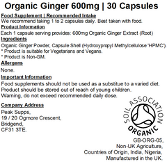 Organic Ginger 600mg Capsules (Pure)