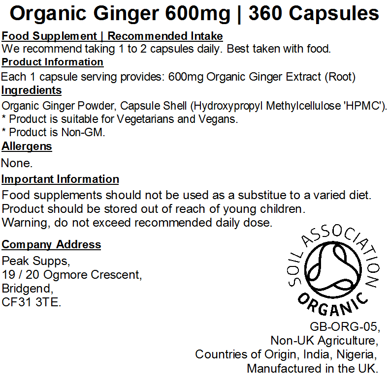 Organic Ginger 600mg Capsules (Pure)