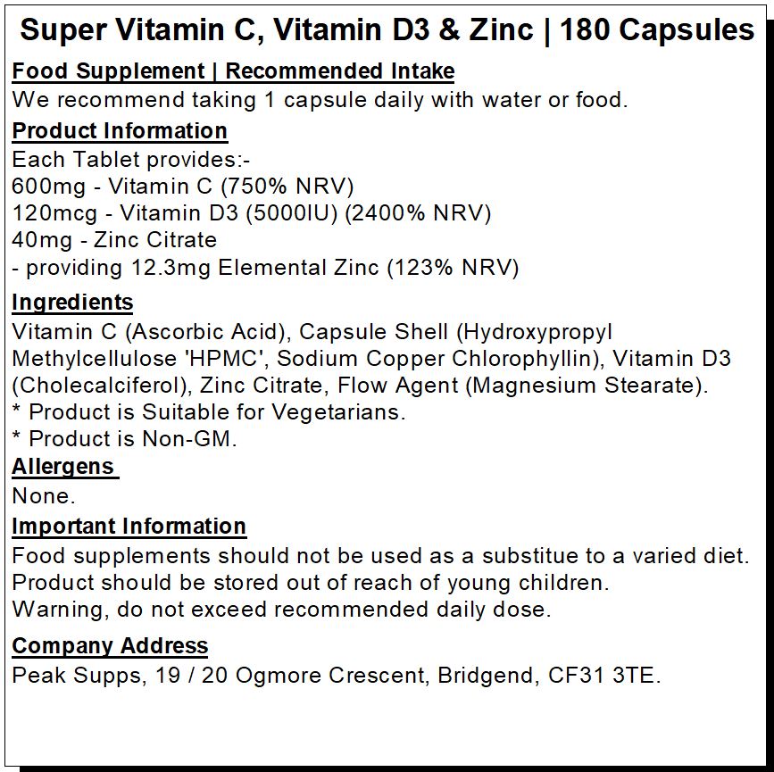 Super Vitamin C, Vitamin D3 & Zinc Capsules