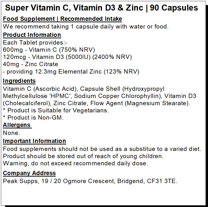 Super Vitamin C, Vitamin D3 & Zinc Capsules