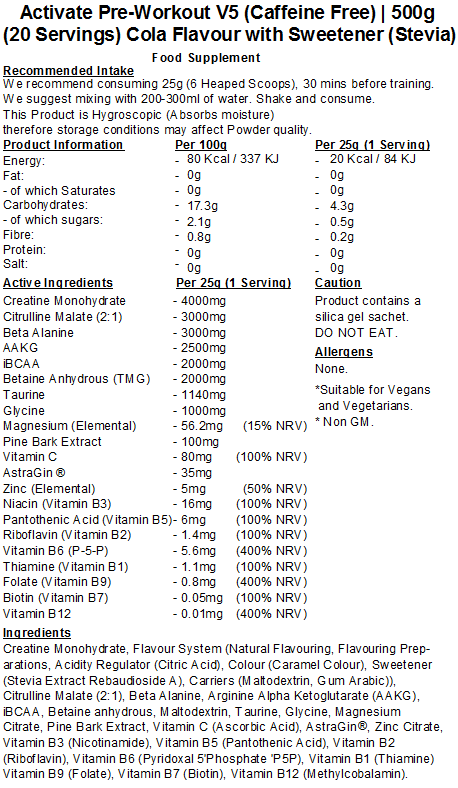 Activate Pre Workout v5 (Caffeine & Stimulant Free)