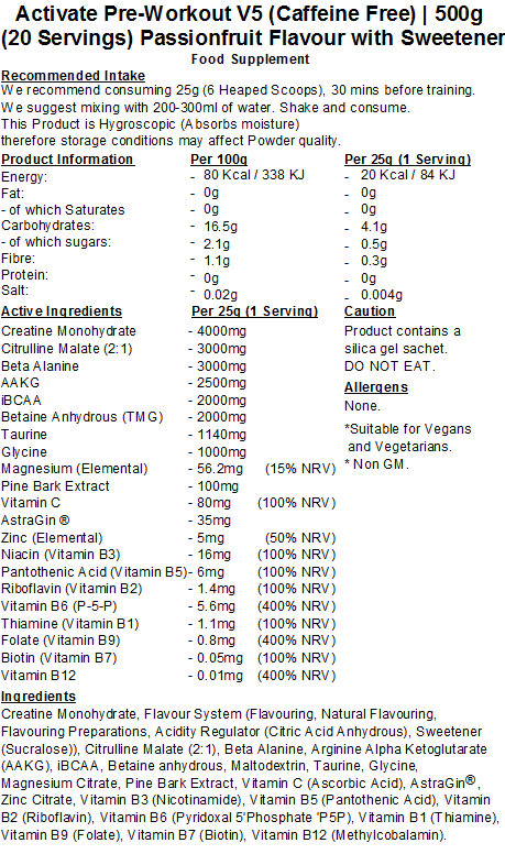 Activate Pre Workout v5 (Caffeine & Stimulant Free)