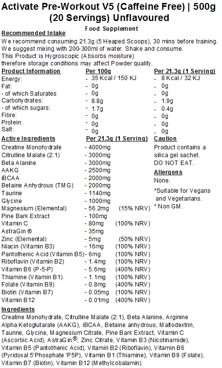 Activate Pre Workout V5 (Caffeine & Stimulant Free)
