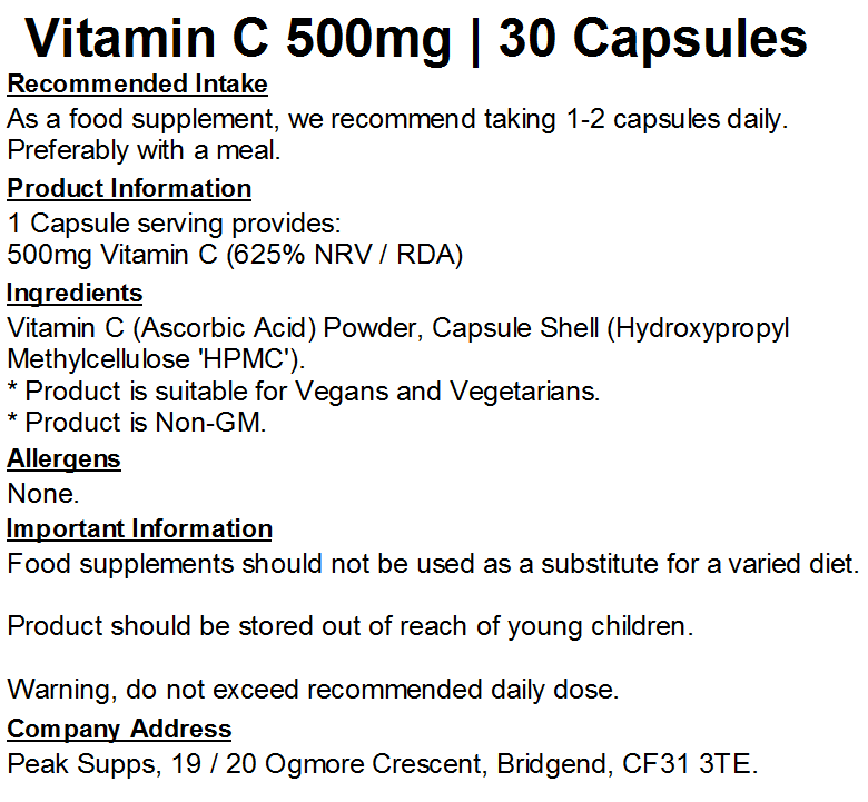 Vitamin C 500mg Capsules (Pure)
