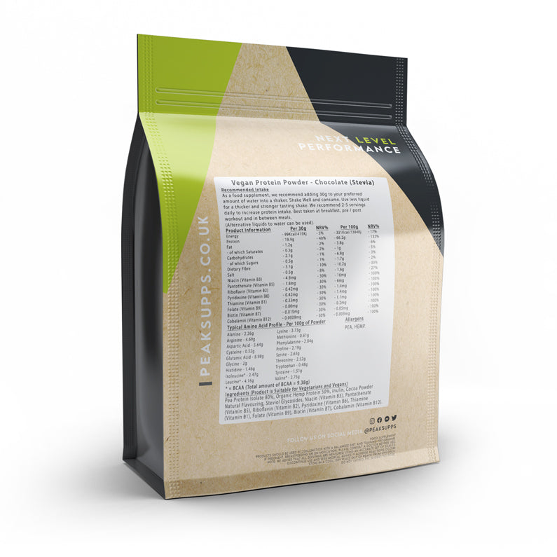 Peak Supps Vegan Protein Powder (Pea, Hemp Protein, Inulin & Vitamin B) - Chocolate (Stevia)