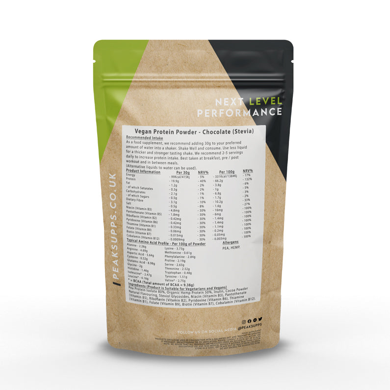 Peak Supps Vegan Protein Powder (Pea, Hemp Protein, Inulin & Vitamin B) - Chocolate (Stevia)