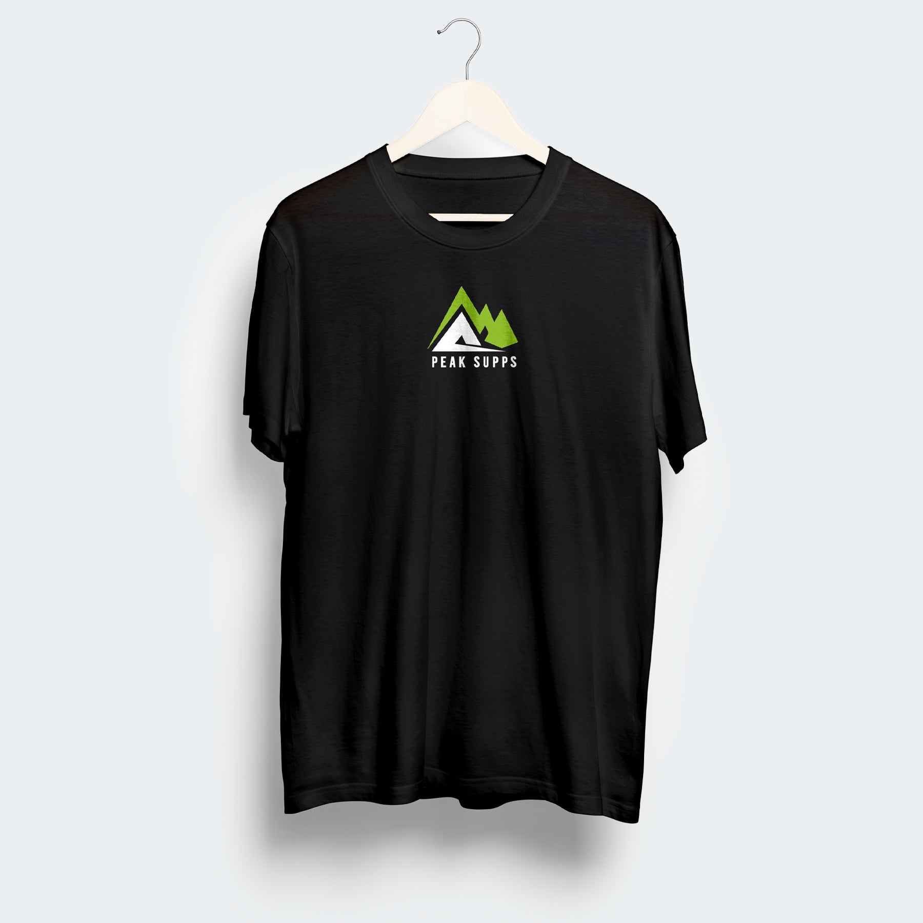 Peak Supps black basic unisex T-shirt with white and green logo